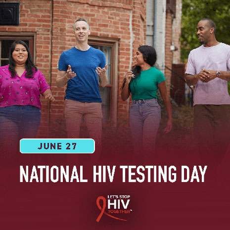 Promotional poster marking June 27 as National HIV Testing Day with four individuals, two men and two women, standing in the background.