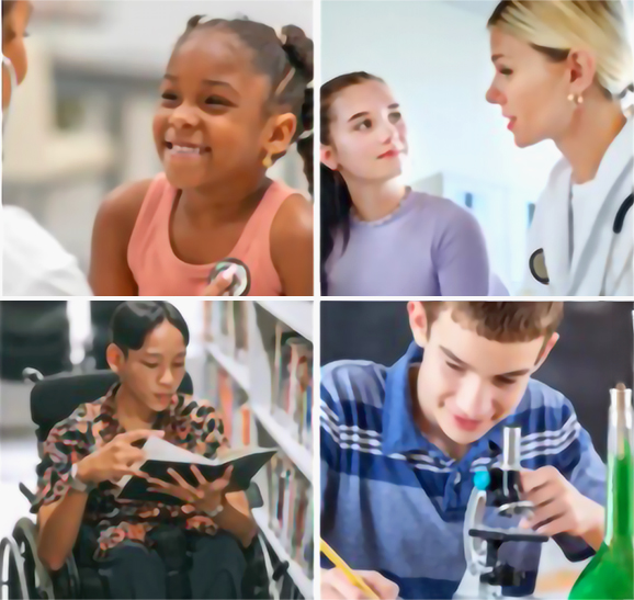 Banner image showing a young girl with a health professional, and woman and health care professional speaking to one another, a young man in a wheelchair reading a book, and a young man using a microscope.