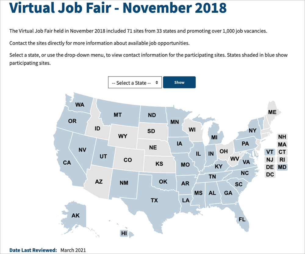 A screenshot of a web page with a map titled Virtual Job Fair, with paragraphs of text, and then the dropdown menu and map as described in the previous section.