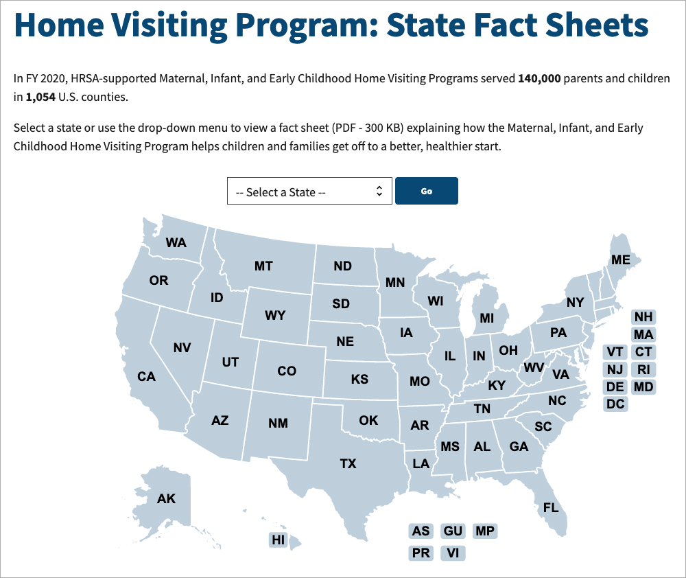 A screenshot of a web page with a map titled Home Visiting Program: State Fact Sheets. Below that are a few paragraphs of text, a dropdown menu reading Select a State, and then a map of the United States with all the states the same color.