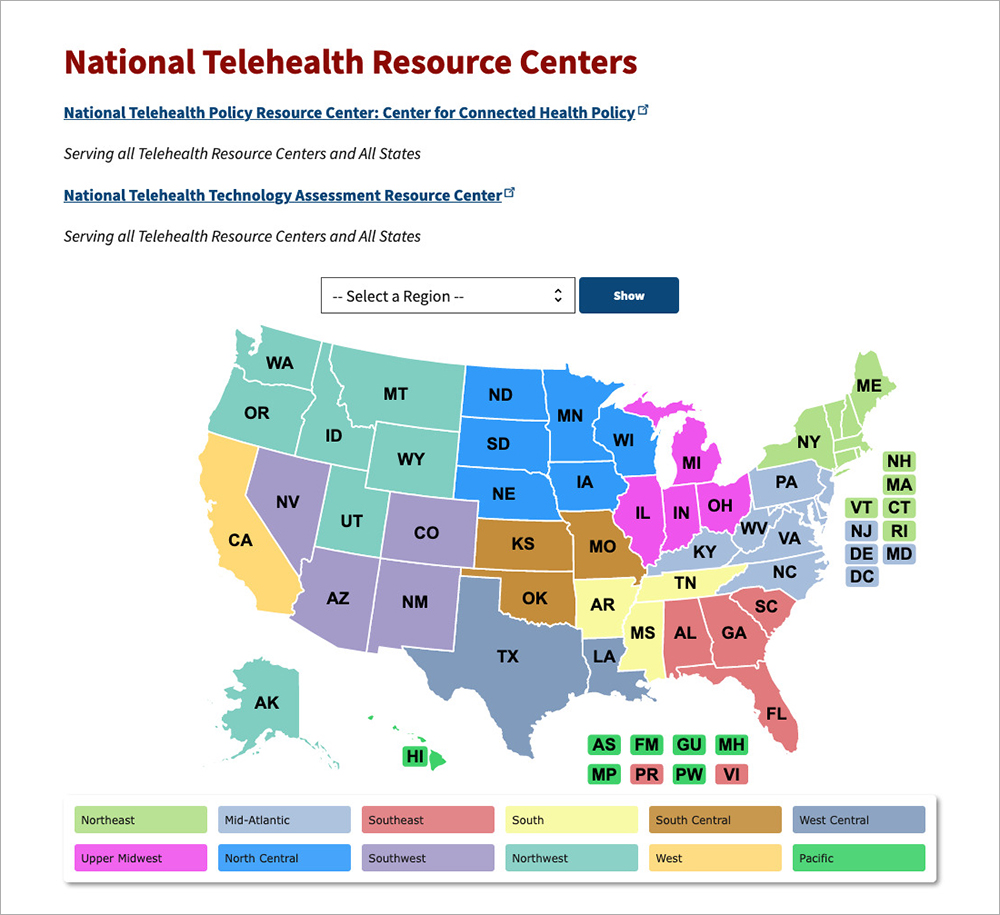A screenshot of a web page with a map titled National Telehealth Resource Centers. A couple paragraphs of text are followed by a dropdown menu reading Select a Region. Below that is a map of the United States with twelve sections of multiple adjacent states. Each section of states has all the states the same color. Below the map are twelve corresponding colored boxes labeled with text such as Northeast, Mid-Atlantic, and Upper Midwest.