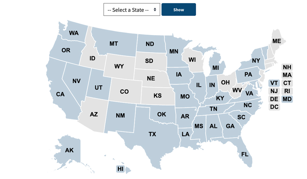 A map of the United States, with two different colors used to differentiate some states. On the right is a list of state abbreviations for the states that are too small to select. Above the map is a dropdown menu with the instructions Select a State.