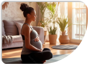 A pregnant woman sits on the ground while holding her stomach.