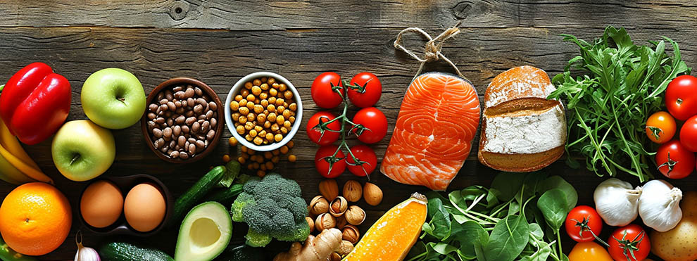 A mix of colorful fruits, vegetables, legumes, lean fish, and eggs on a table. 