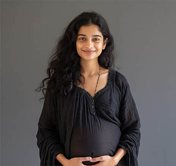 A smiling pregnant woman rests her hands on her abdomen. 