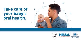 A person is brushing a baby's teeth. Text appears on the left that reads: Take care of your baby's oral health.