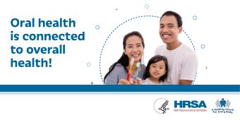 A family of three is smiling at the camera while holding a toothbrush. Text on the left reads: Oral health is connected to overall health.