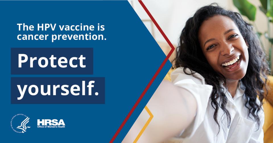 A woman smiles while taking a selfie. Text reads, "The HPV vaccine is cancer prevention. Protect yourself."