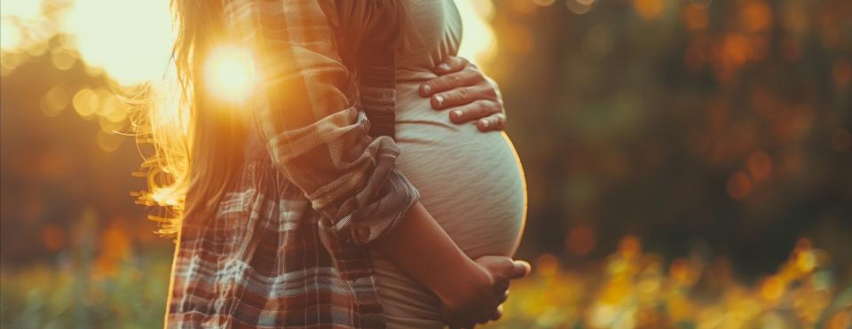 A pregnant person cradling their stomach in front of a sunset.